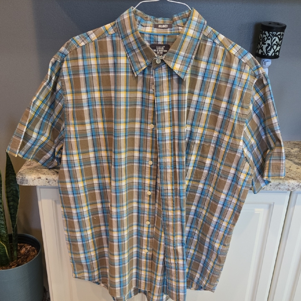 L.O.G.G Relaxed Men's Short-Sleeve Plaid Shirt in Brown & Blue XL 100% Cotton